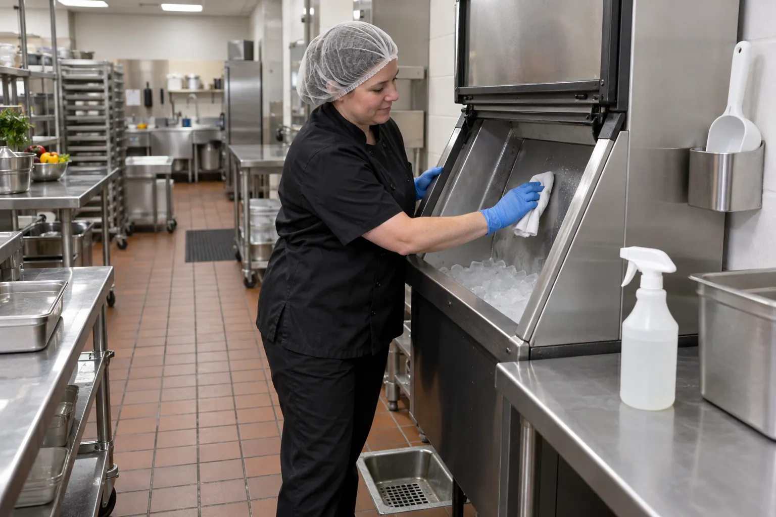 A cafeteria worker in gloves wiping the inside of an open stainless steel ice bin in a commercial kitchen.