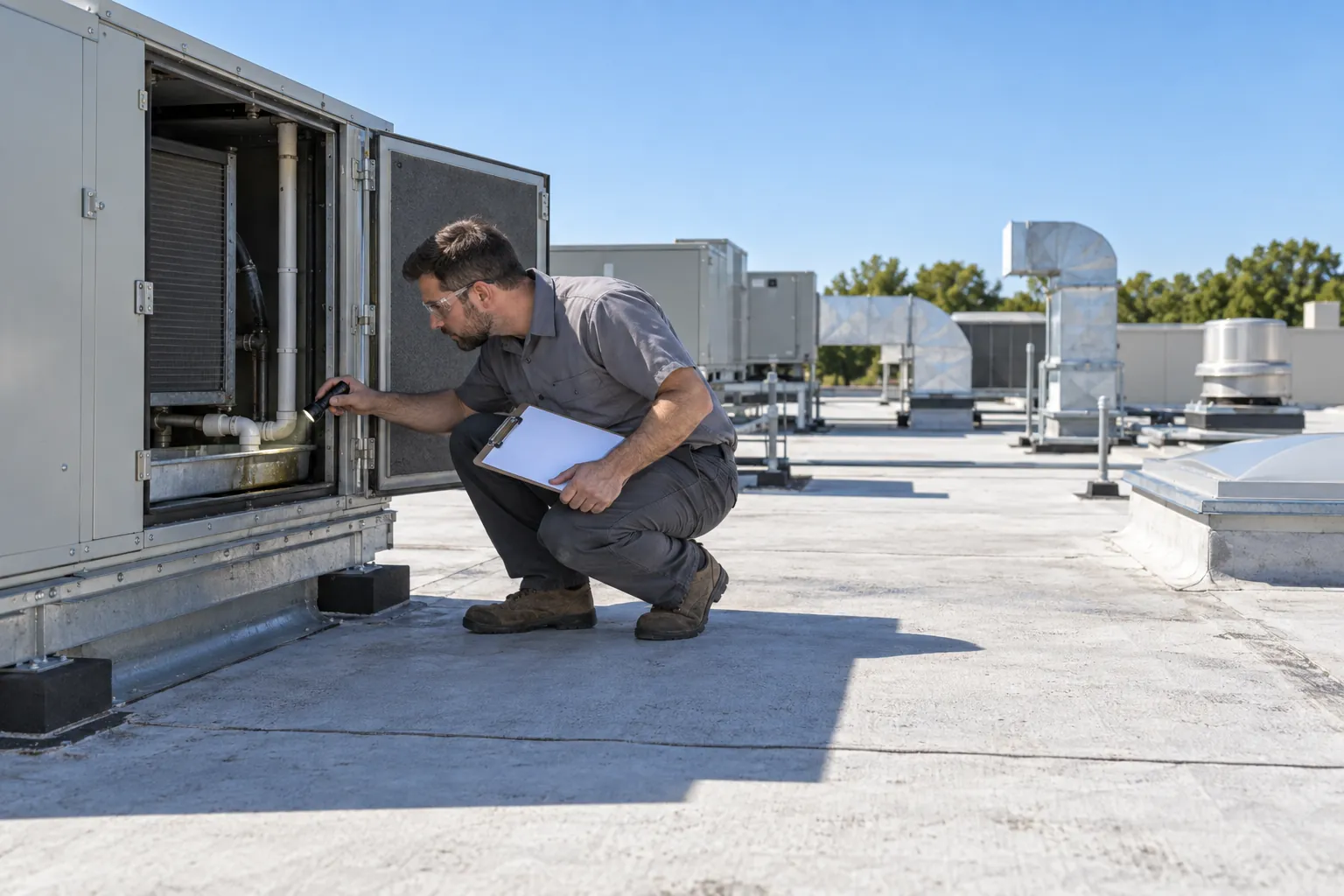 A technician on an office rooftop inspecting the drain pan inside an air handling unit with a flashlight.