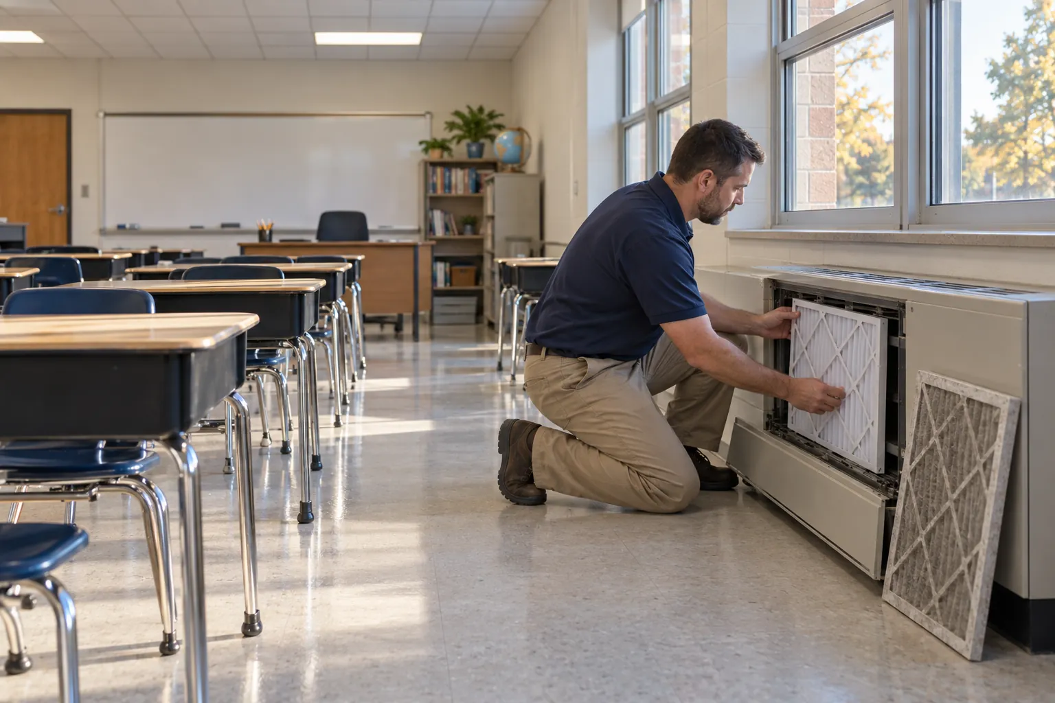 A custodian fitting a new air filter into a unit ventilator beneath the windows of an empty classroom.