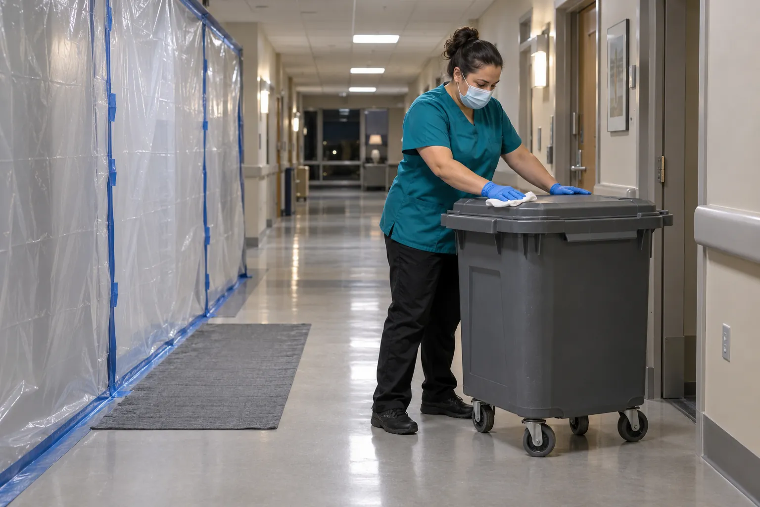 An environmental services technician wiping the lid of a debris cart beside plastic sheeting and a tacky mat in a hospital service corridor.