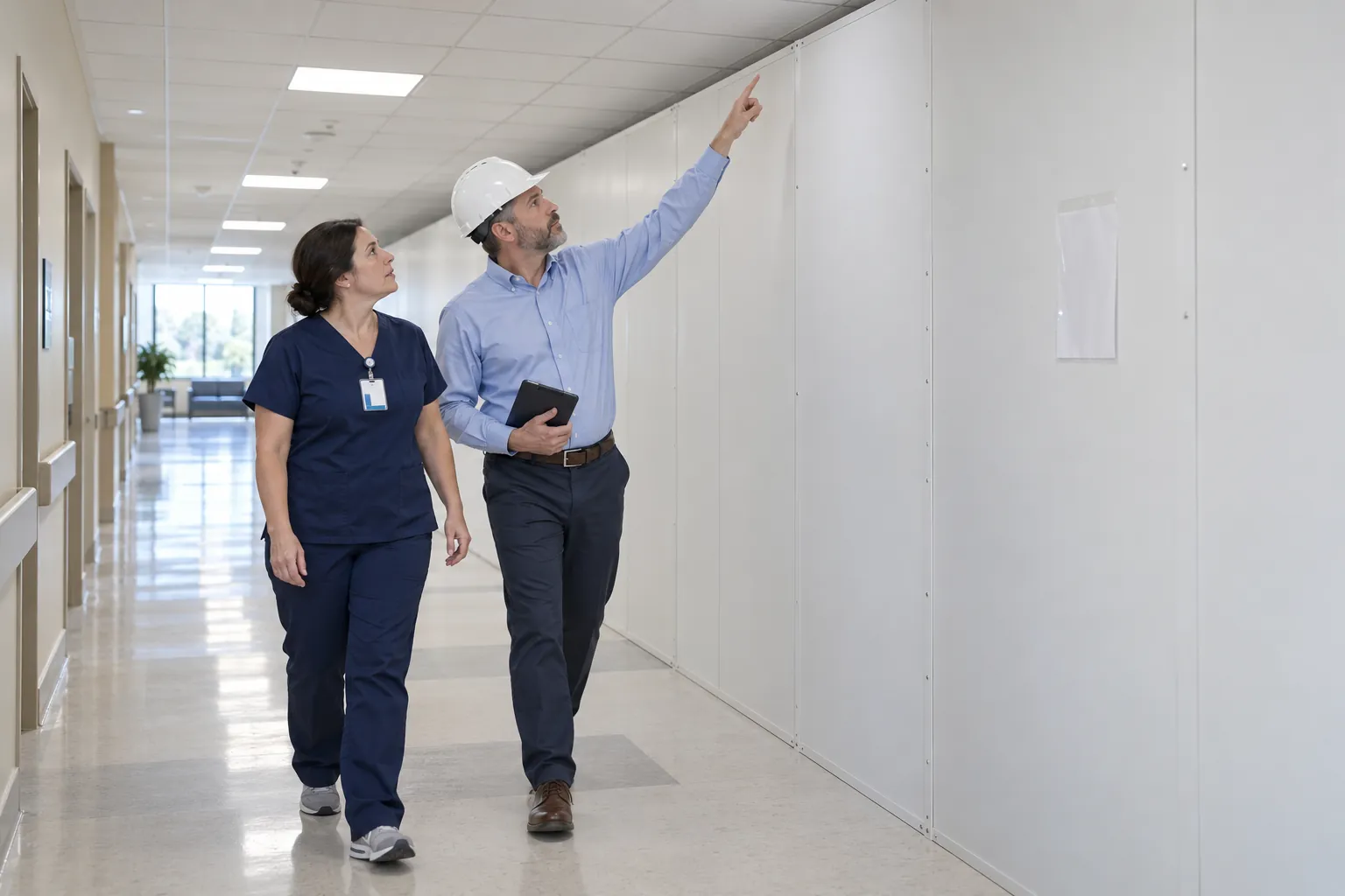 An infection preventionist and a facilities project manager inspecting where a temporary construction wall meets the ceiling in a hospital corridor.