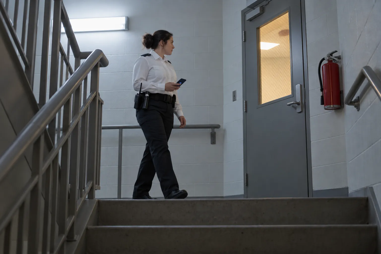 A security officer on a night round in a hospital stairwell, beside a fire door and a wall-mounted fire extinguisher.