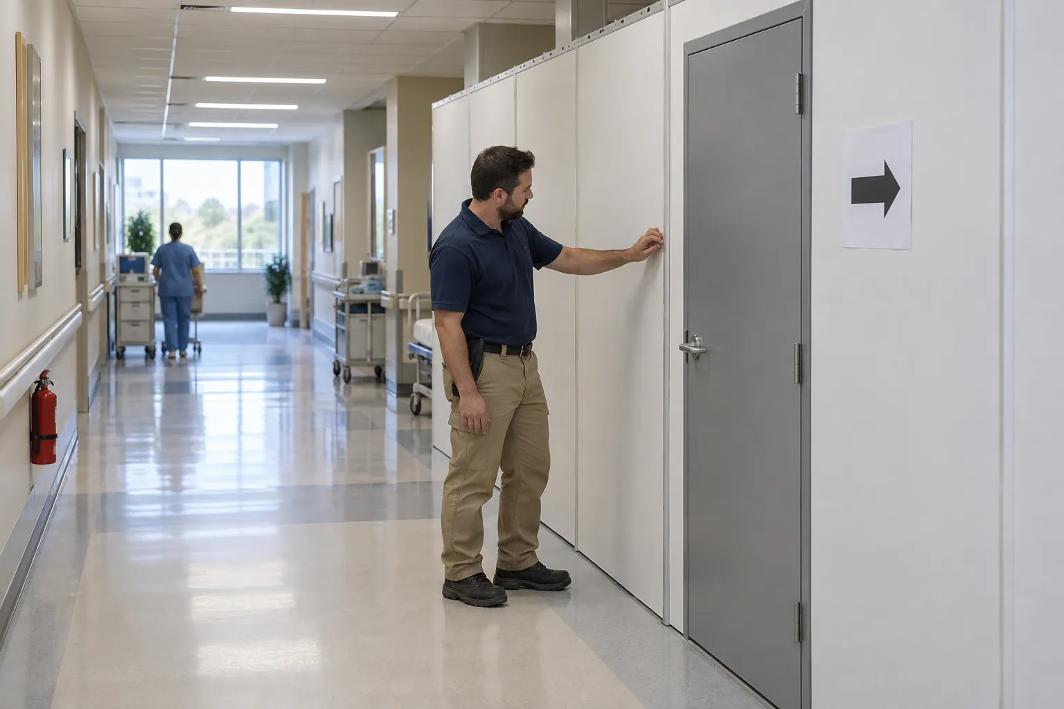 A hospital facilities technician inspecting a temporary construction barrier in a hospital corridor.