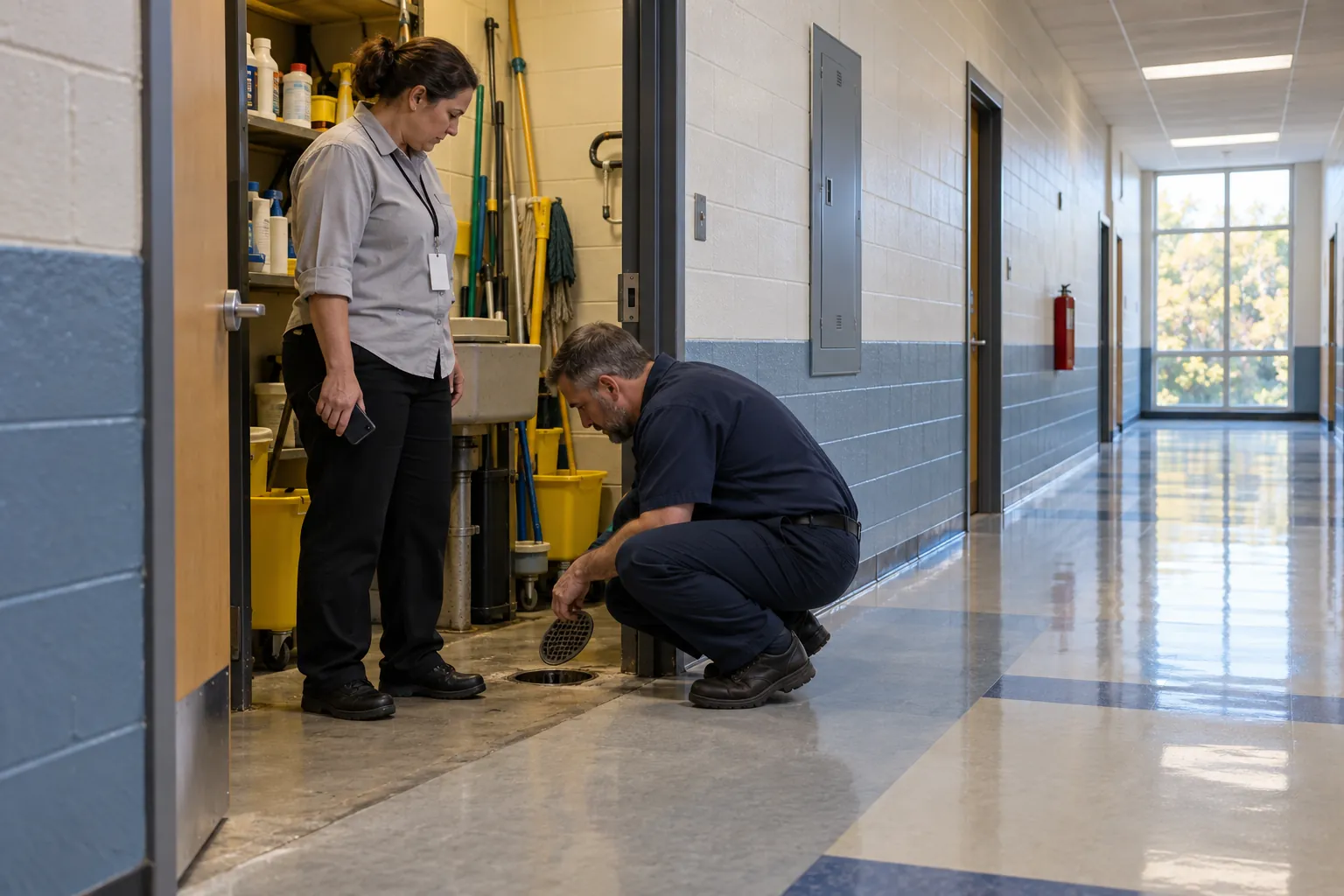 A building engineer crouching to inspect a floor sink drain in a school custodial closet while a supervisor looks on, an electrical panel with clear floor space behind them.