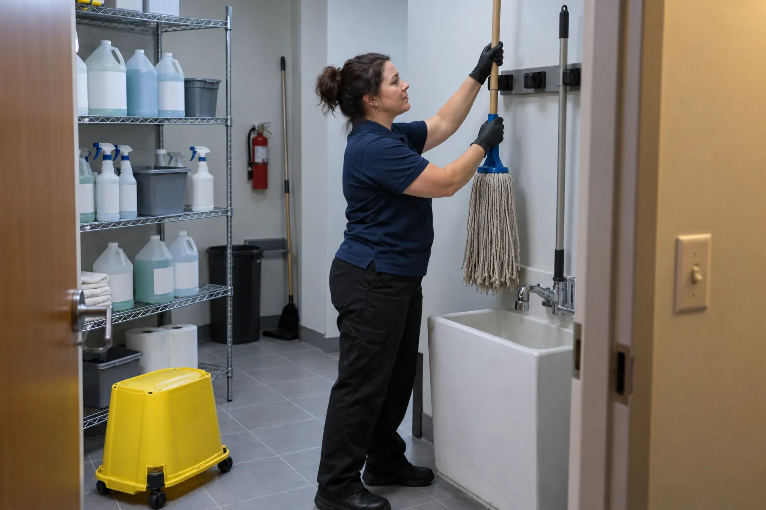 A custodian hanging a mop on a wall rack above a floor mop sink in a tidy janitorial closet with shelving of plain bottles.