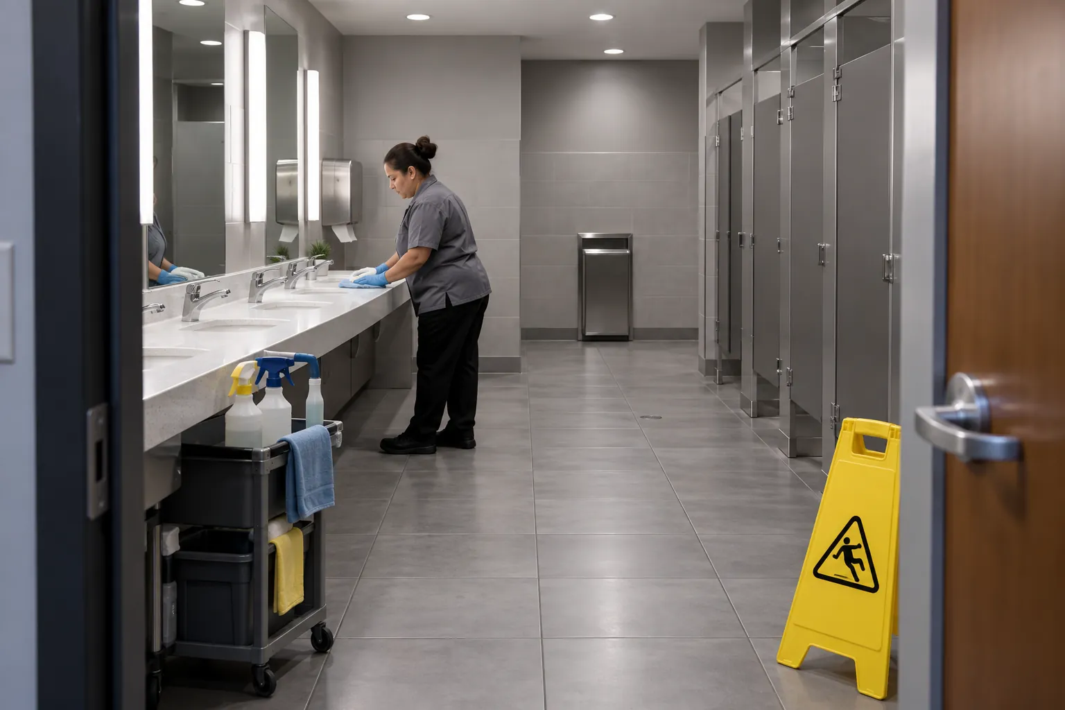 A custodian wiping down the sink counter of an empty office restroom at night, with a wet floor sign by the door.