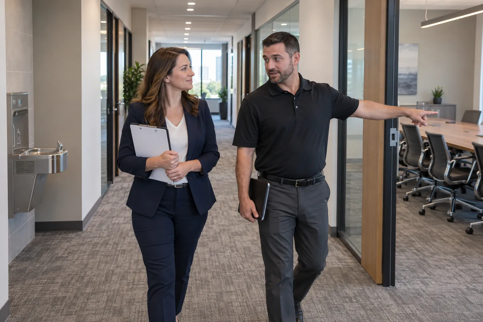 A property manager with a clipboard and a janitorial account manager walking an office corridor on a site walk, looking toward a conference room.
