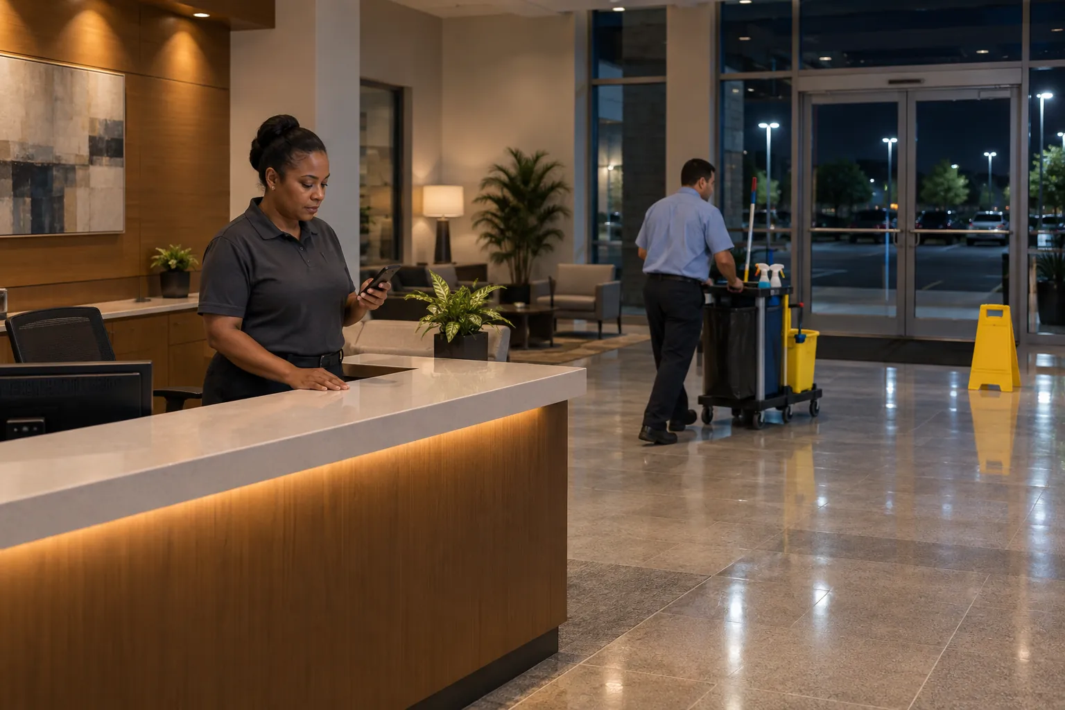 A janitorial supervisor reading a phone at an empty office reception desk at night while a custodian pushes a cleaning cart across the lobby.