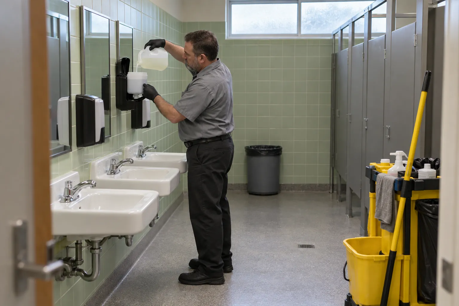 A custodian refilling a soap dispenser above the sinks in a school restroom, with a cleaning cart by the door.