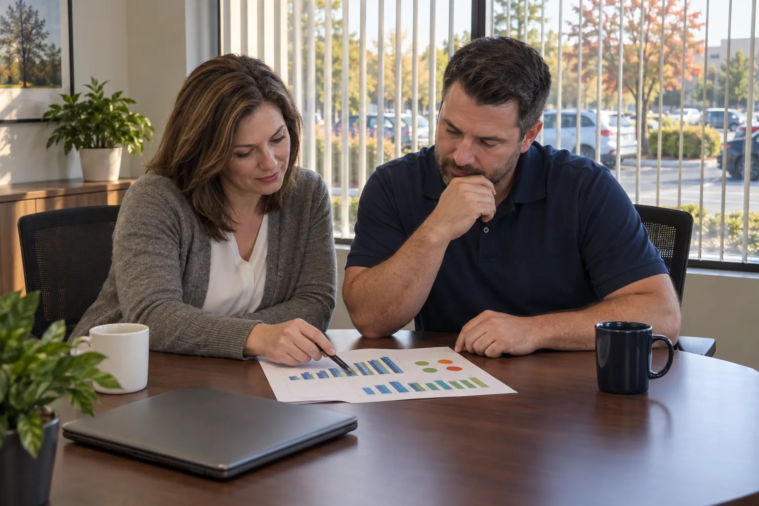 A facility manager and a cleaning account manager reviewing a printed report with charts at a conference table.