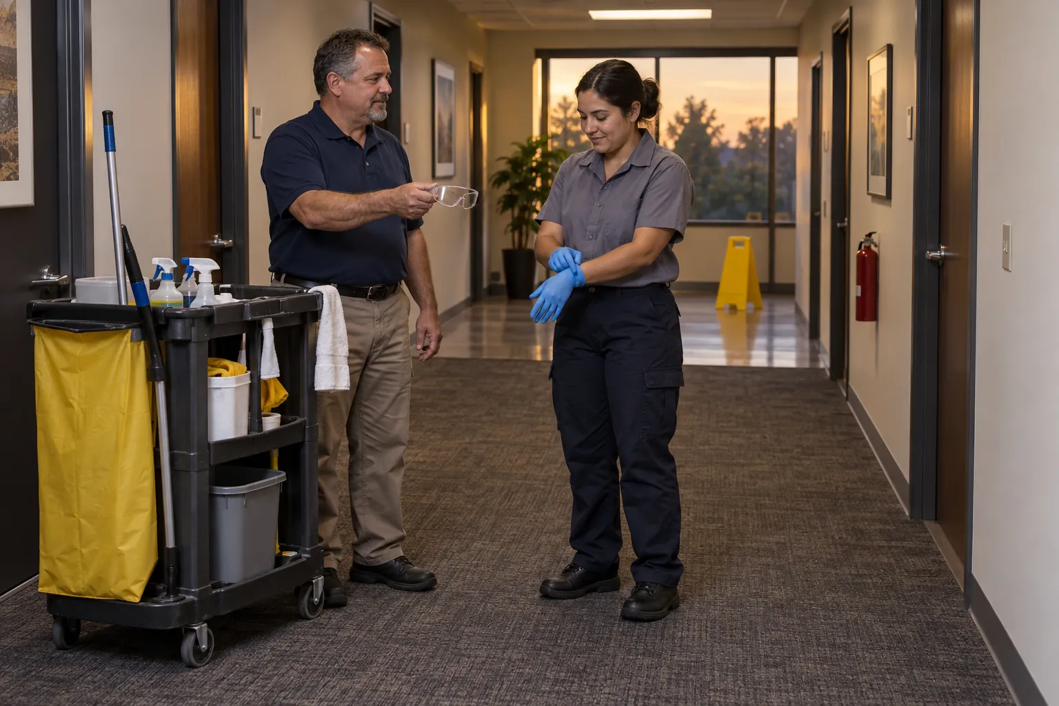 A supervisor showing safety glasses to a custodian pulling on a nitrile glove beside a cleaning cart in an office corridor in the evening.