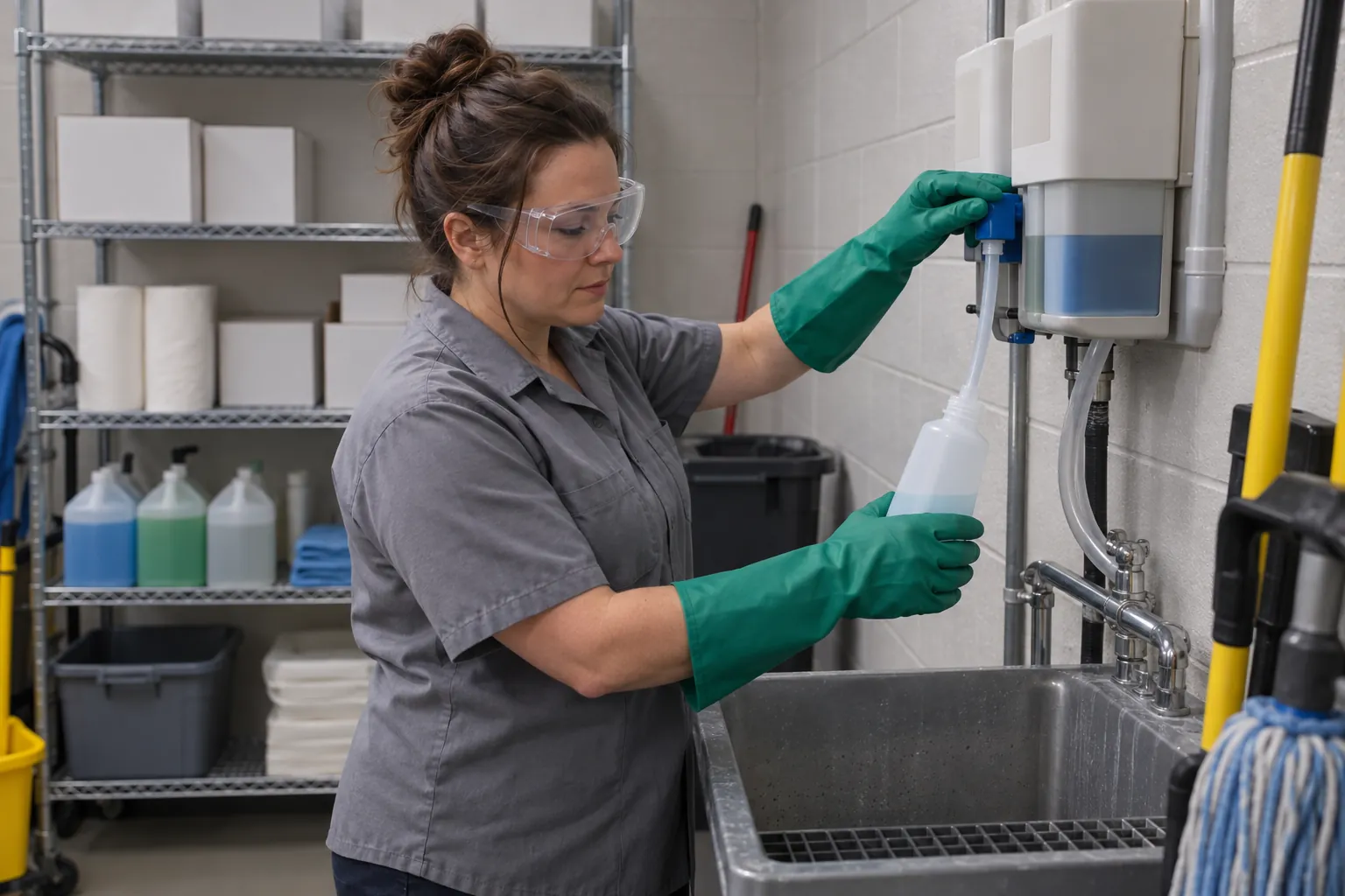 A custodian in splash goggles and long chemical gloves filling a spray bottle from a wall dispenser in a school custodial closet.