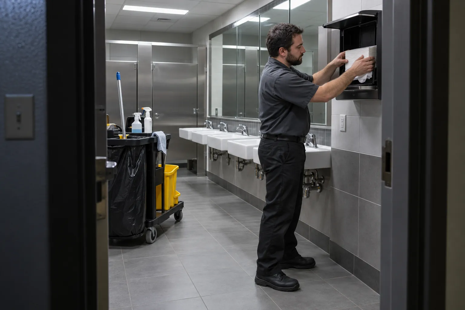 A custodian restocking a paper towel dispenser in a commercial restroom at night, his janitor cart parked beside the stalls.