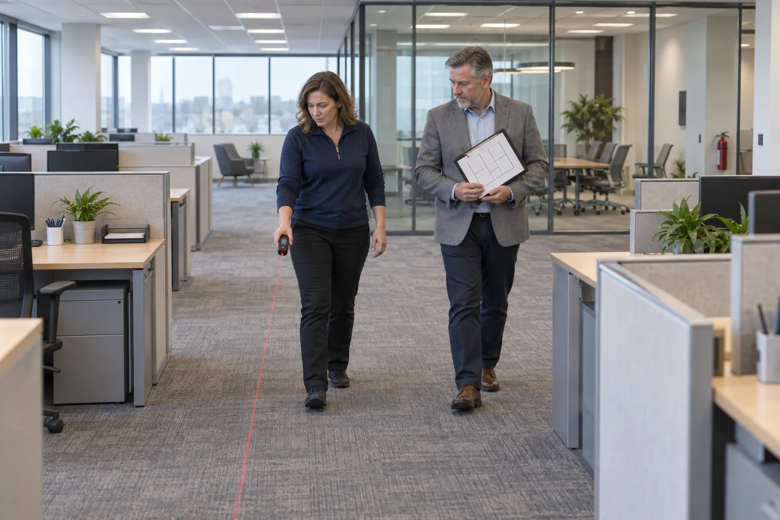 A janitorial account manager measuring an open-plan office floor with a laser meter while a property manager holds a clipboard beside her.