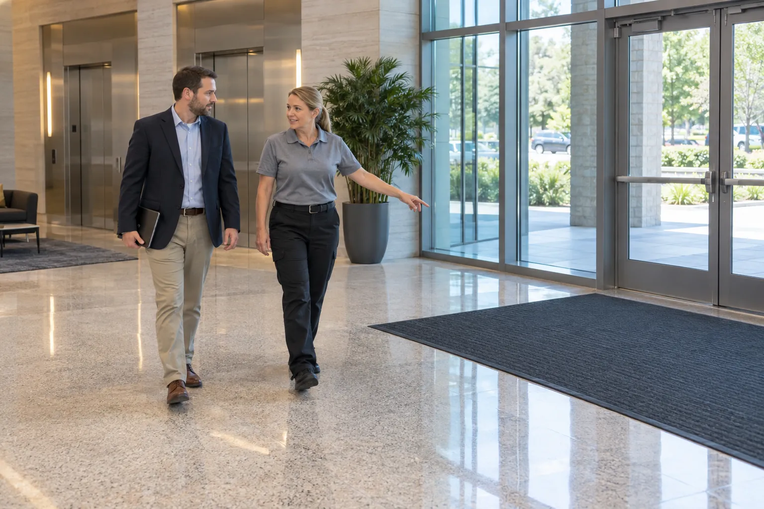 A facility manager and a cleaning account manager walking across an office lobby together, one pointing toward the entrance doors.