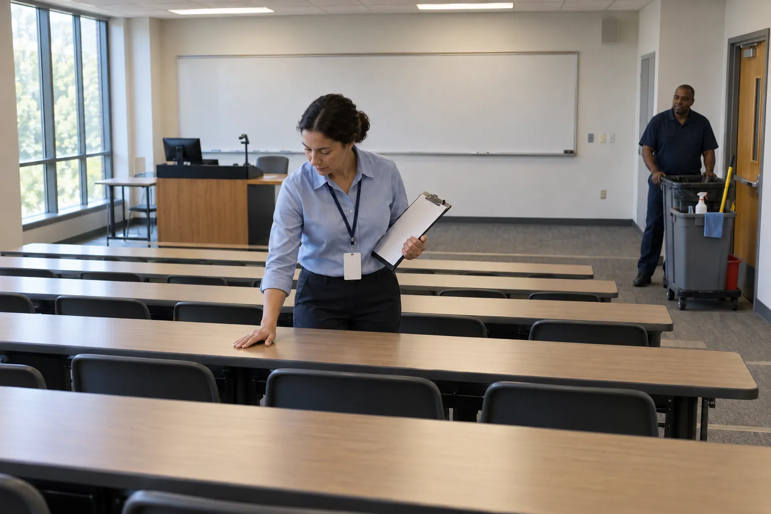 A quality inspector with a clipboard checking the top of a desk in an empty college classroom while a custodian waits by a trash cart.