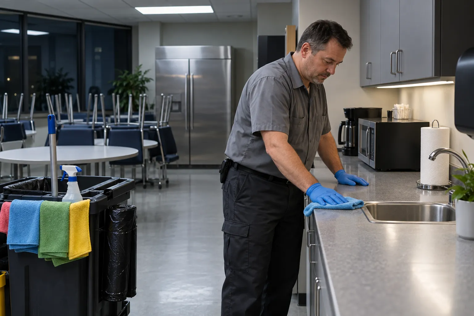 A custodian in gloves wiping a break room counter at night, with a janitorial cart of color-coded cloths beside him.