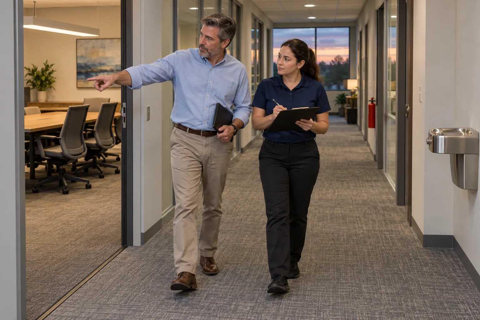 A facility manager and a janitorial account manager walking an office corridor in the evening, one pointing into a conference room while the other takes notes.