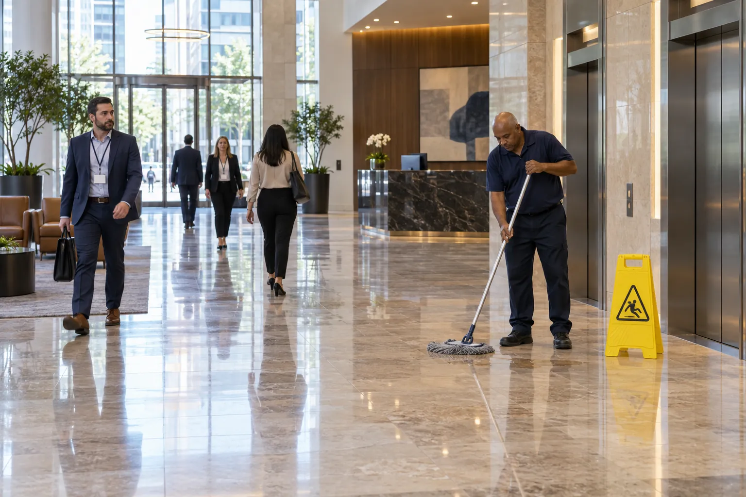 A day porter mopping a small spill beside the elevators in a busy office lobby, with a yellow wet floor sign next to him.