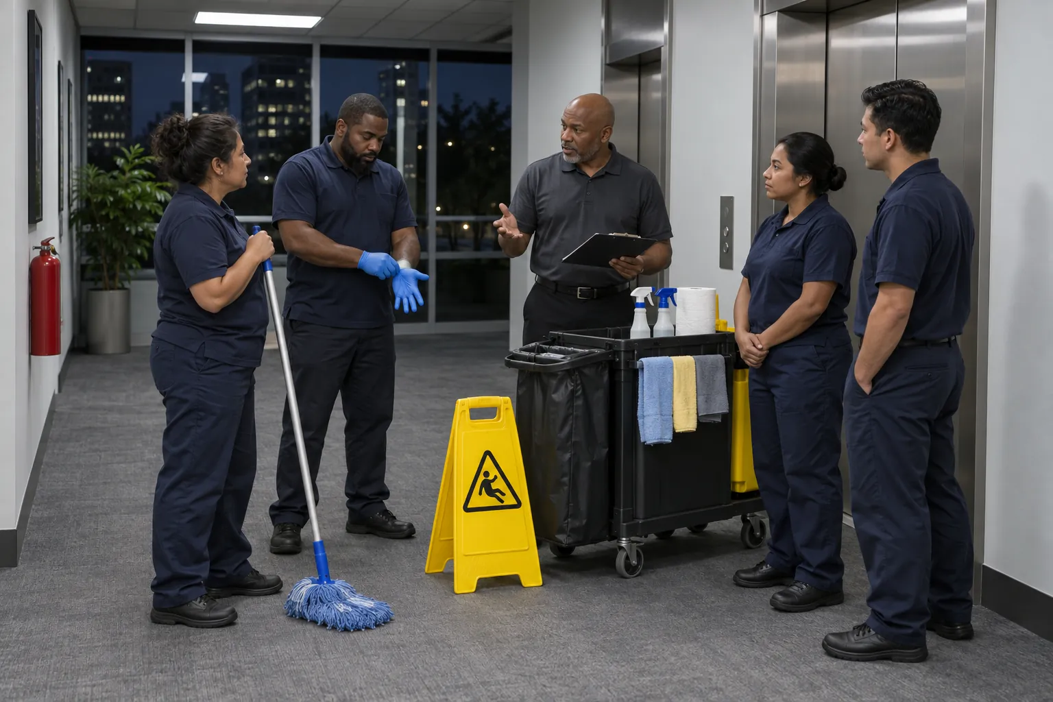 A janitorial supervisor briefing four janitors beside a cleaning cart at an office building's freight elevator lobby in the evening.