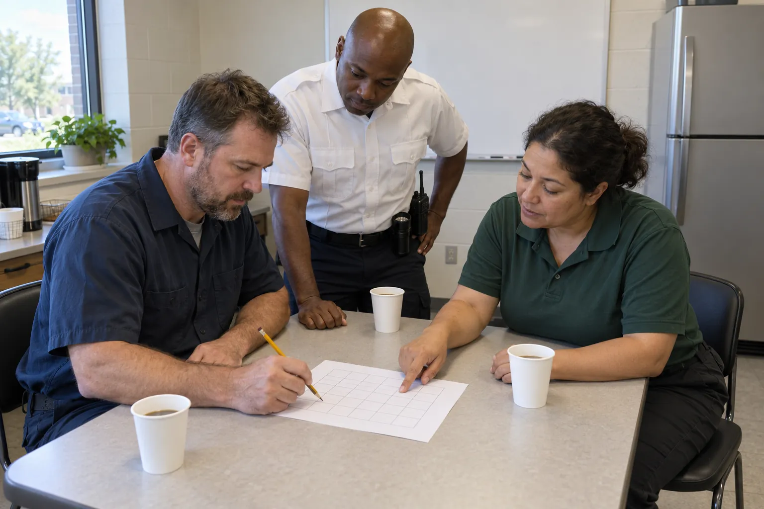 A building engineer, a security officer and a janitorial crew lead working through a hand-drawn table on a sheet of paper in a break room.