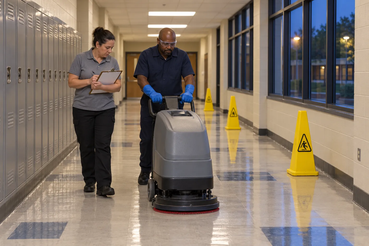 A custodial supervisor taking notes as a custodian in goggles and gloves runs a floor machine down a school corridor in the evening.