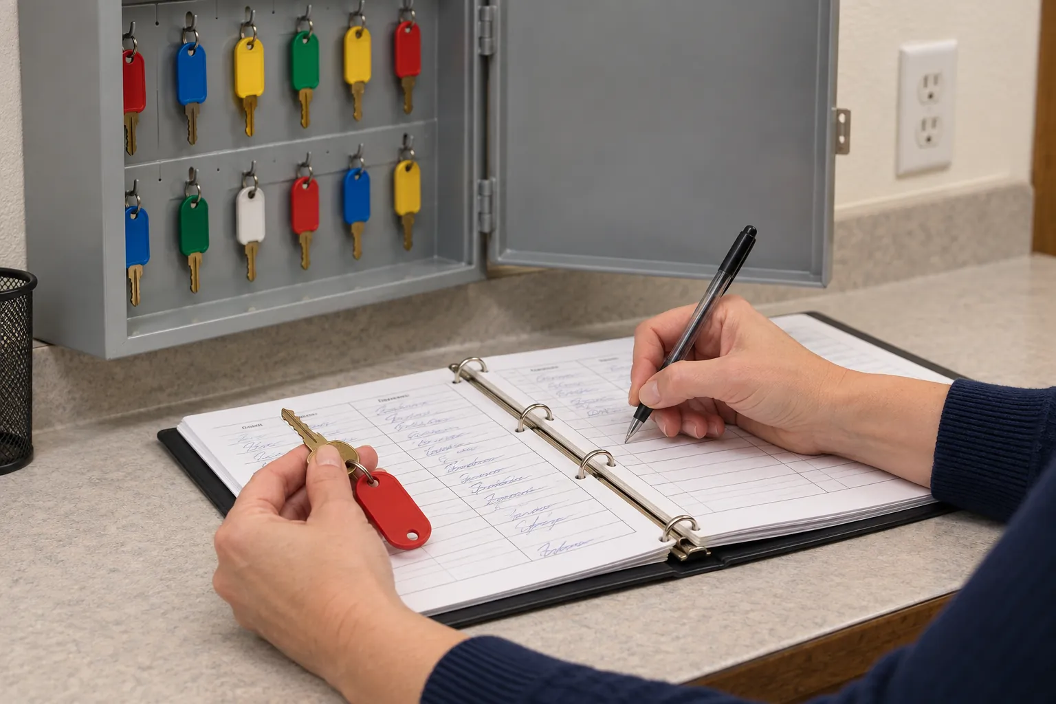 A locksmith working on the lock of a classroom door while a custodian holds a parts tray in a school hallway.