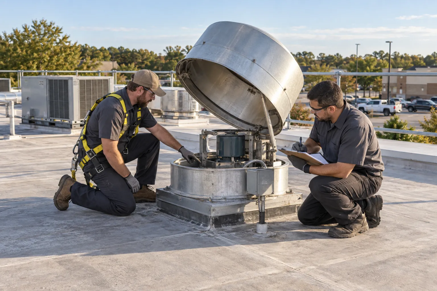 Two technicians in safety glasses kneeling beside an opened rooftop exhaust fan on a flat restaurant roof, one pointing and one writing on a clipboard.