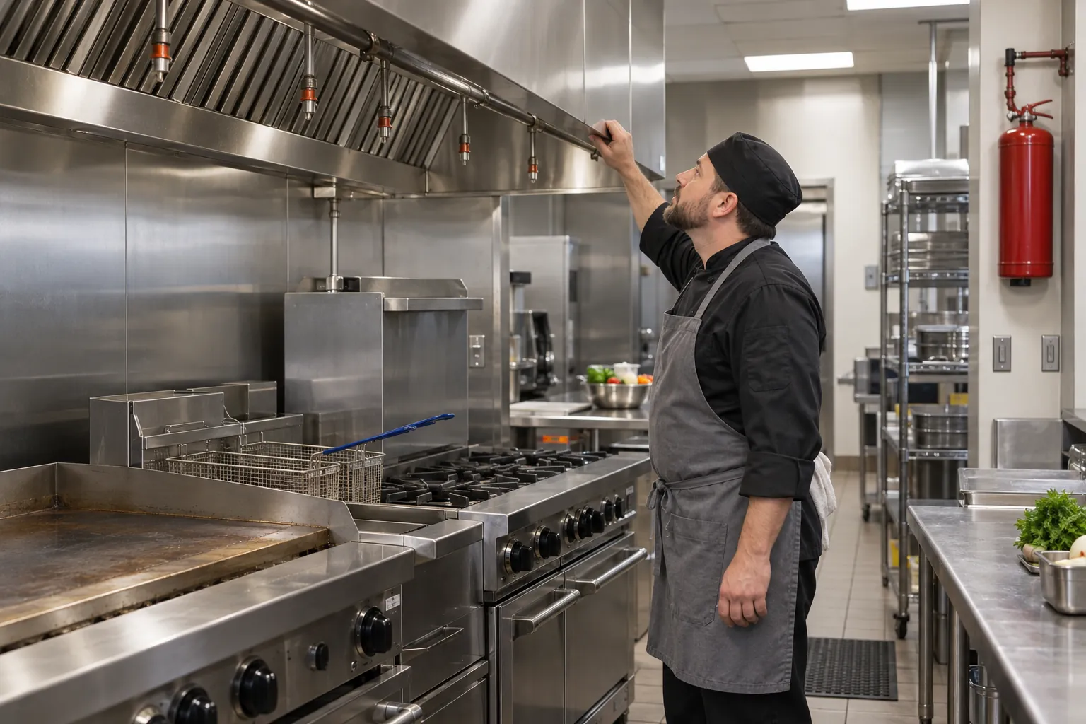 A kitchen manager looking up into a stainless steel exhaust hood above a griddle and fryer, checking the grease filters before service.