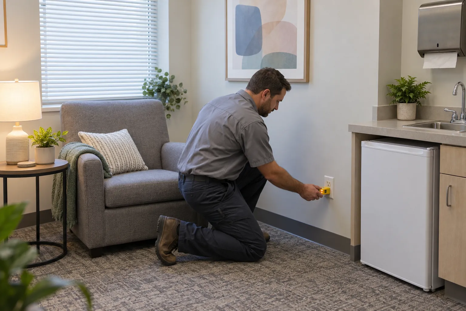 A building engineer testing a wall outlet beside the armchair in a quiet lactation room with a small refrigerator and sink.