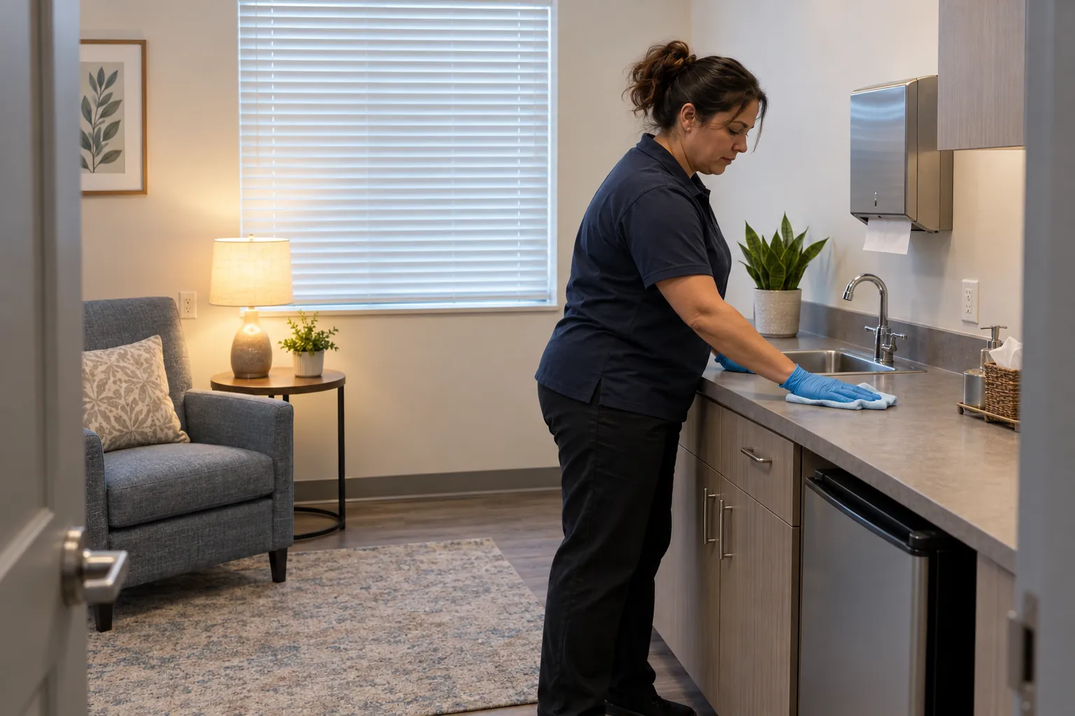 A custodian wiping the counter of an empty lactation room with an armchair, a small sink and an under-counter refrigerator.