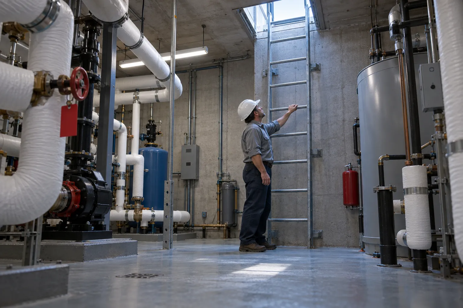 A building engineer testing a rung of a fixed steel ladder below a roof hatch in a mechanical room.
