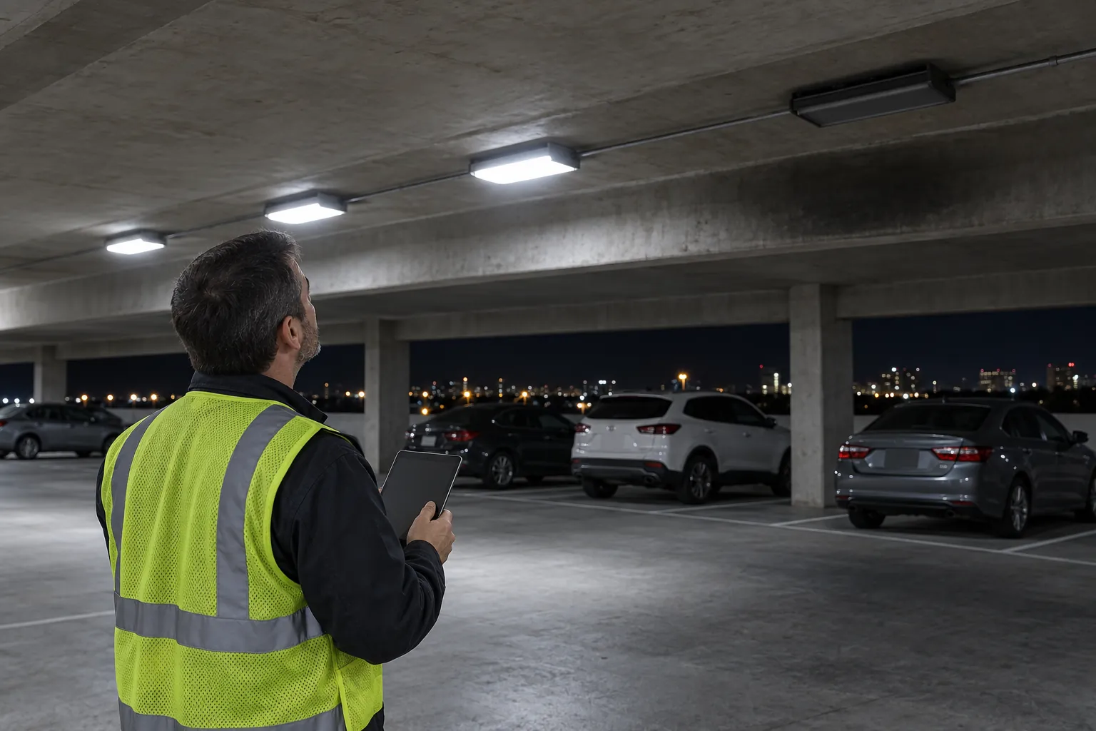 A technician with a tablet noting a dark ceiling light on a parking garage level at night.