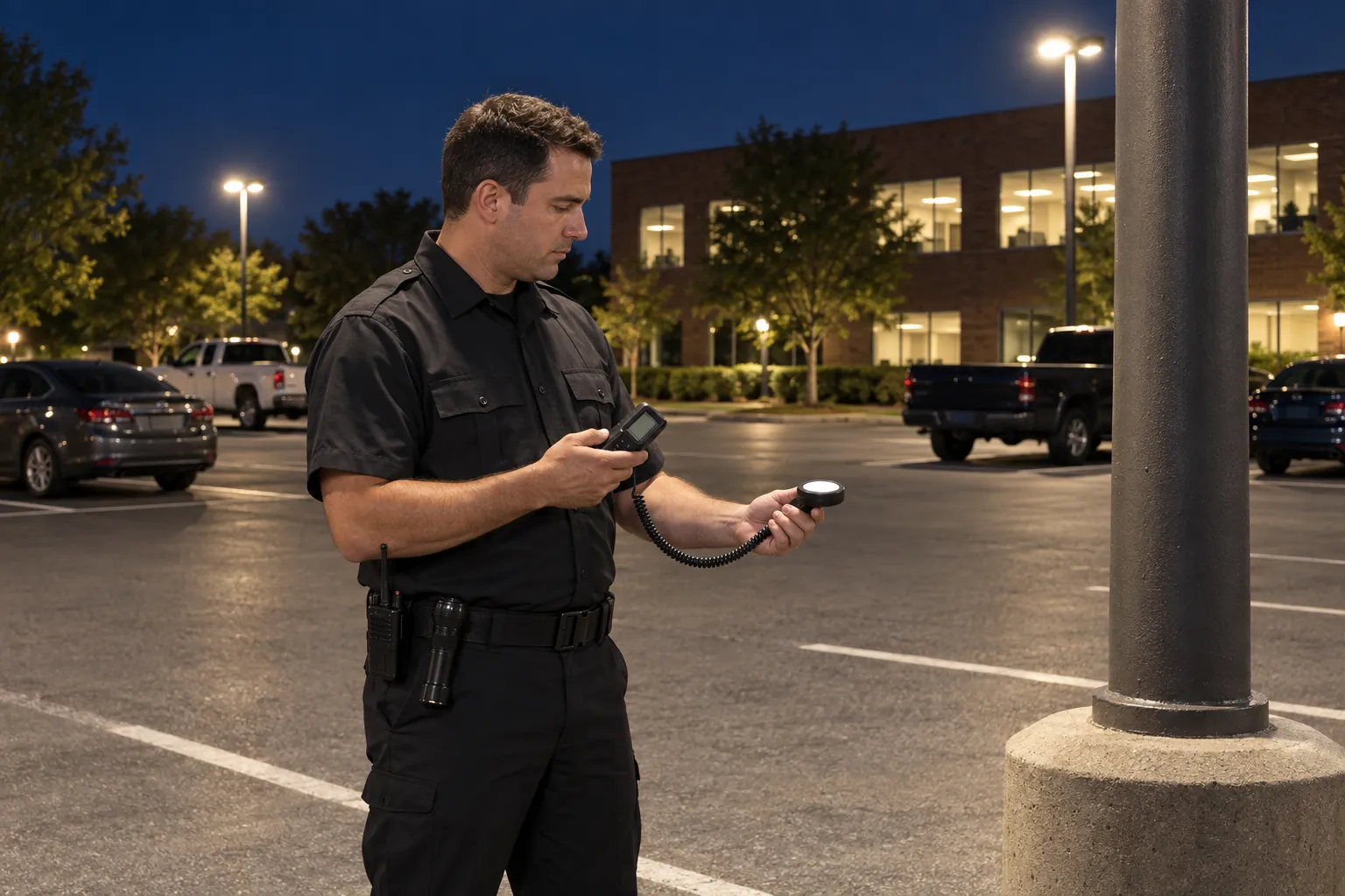 A security officer taking a light meter reading beside a light pole in an office parking lot at night.