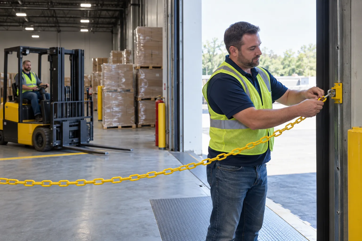 A supervisor clipping a safety chain across an open dock door while a forklift waits behind a painted yellow line.