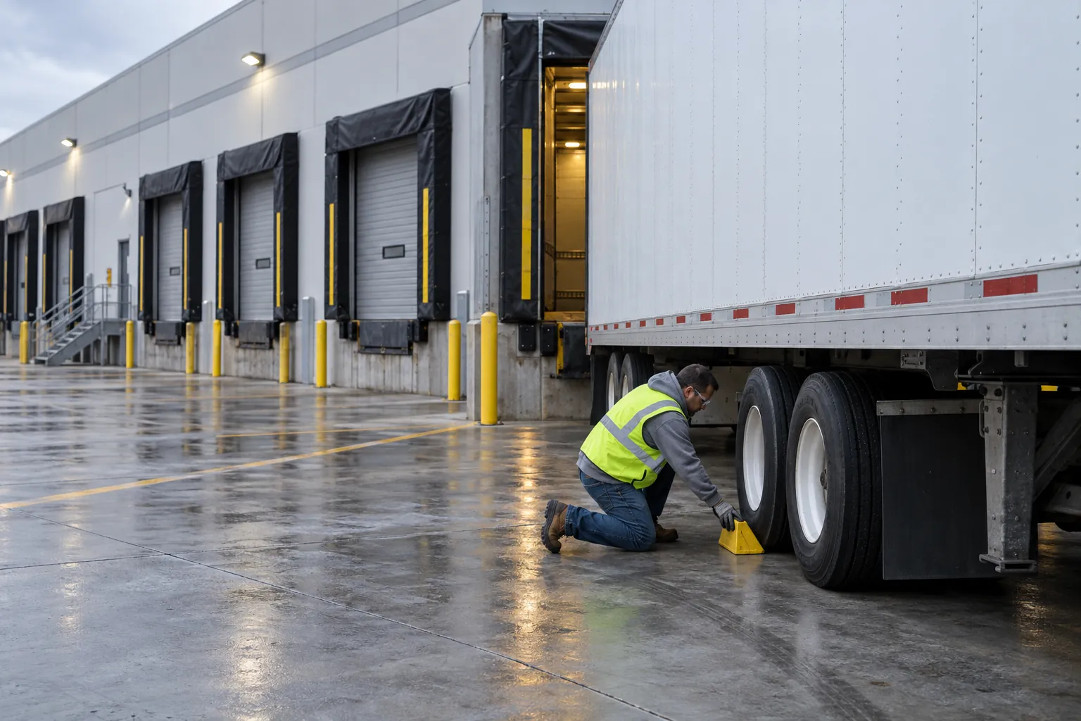 A dock worker in a hi-vis vest placing a wheel chock under the rear wheels of a white semitrailer backed into a warehouse dock door.