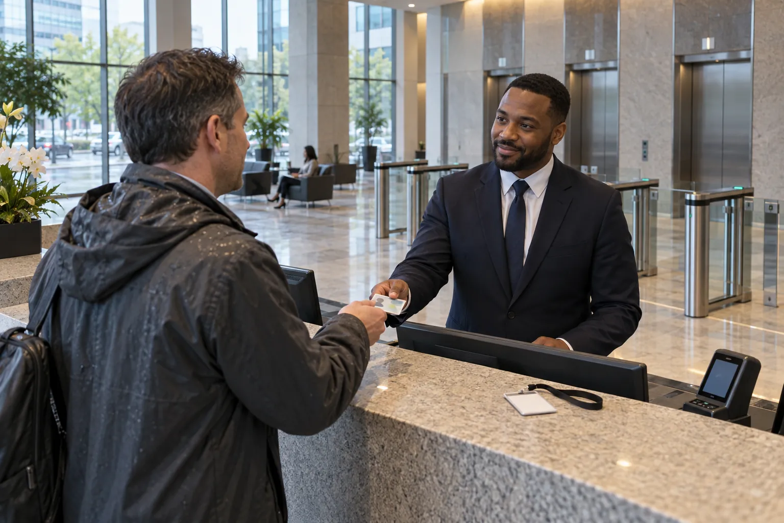 A lobby security officer at a reception desk greeting a visitor beside a row of glass turnstiles in an office tower lobby.