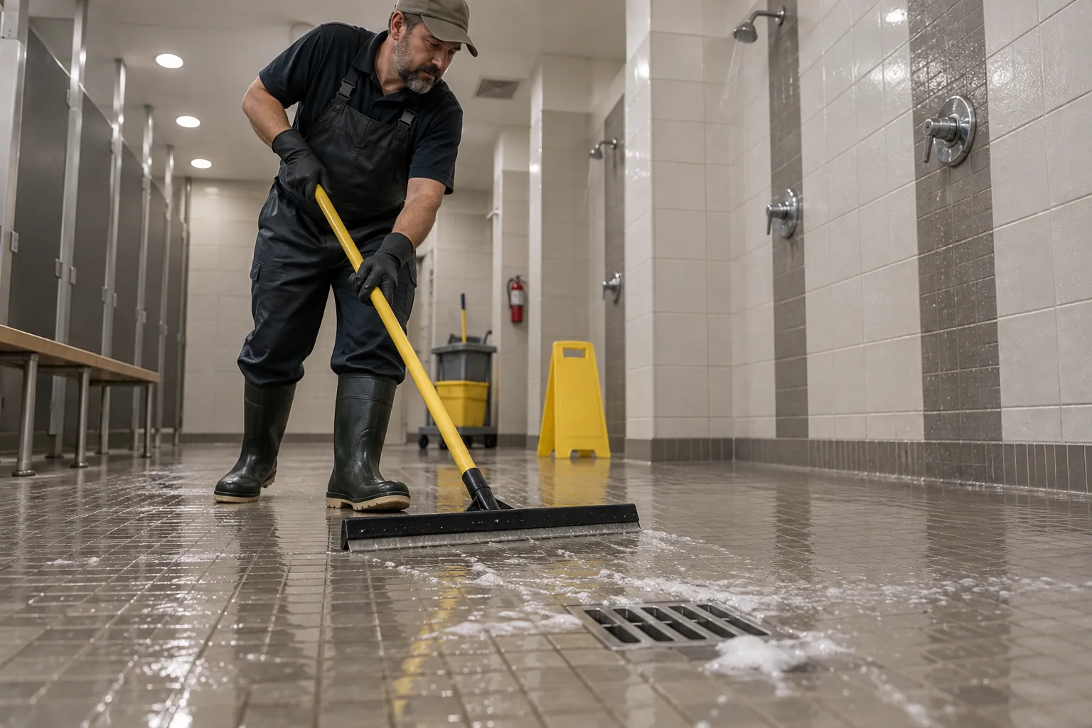 A janitor squeegeeing water toward a floor drain in a tiled shower area.