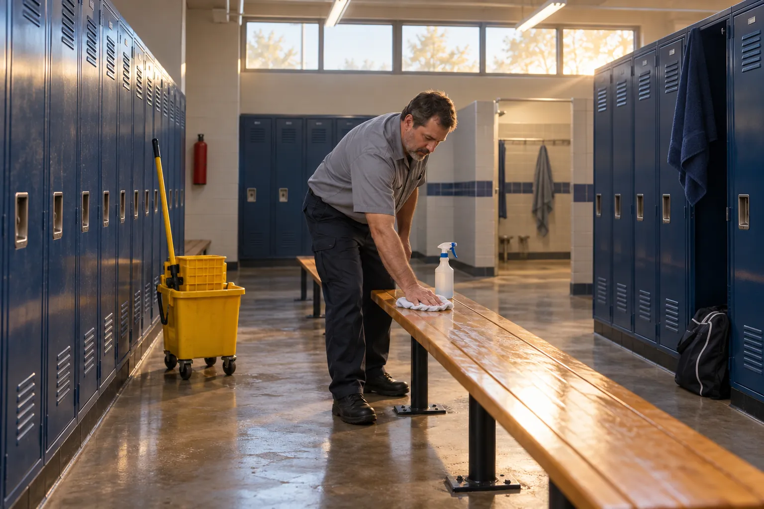 A custodian wiping down a bench between rows of steel lockers in a school locker room.