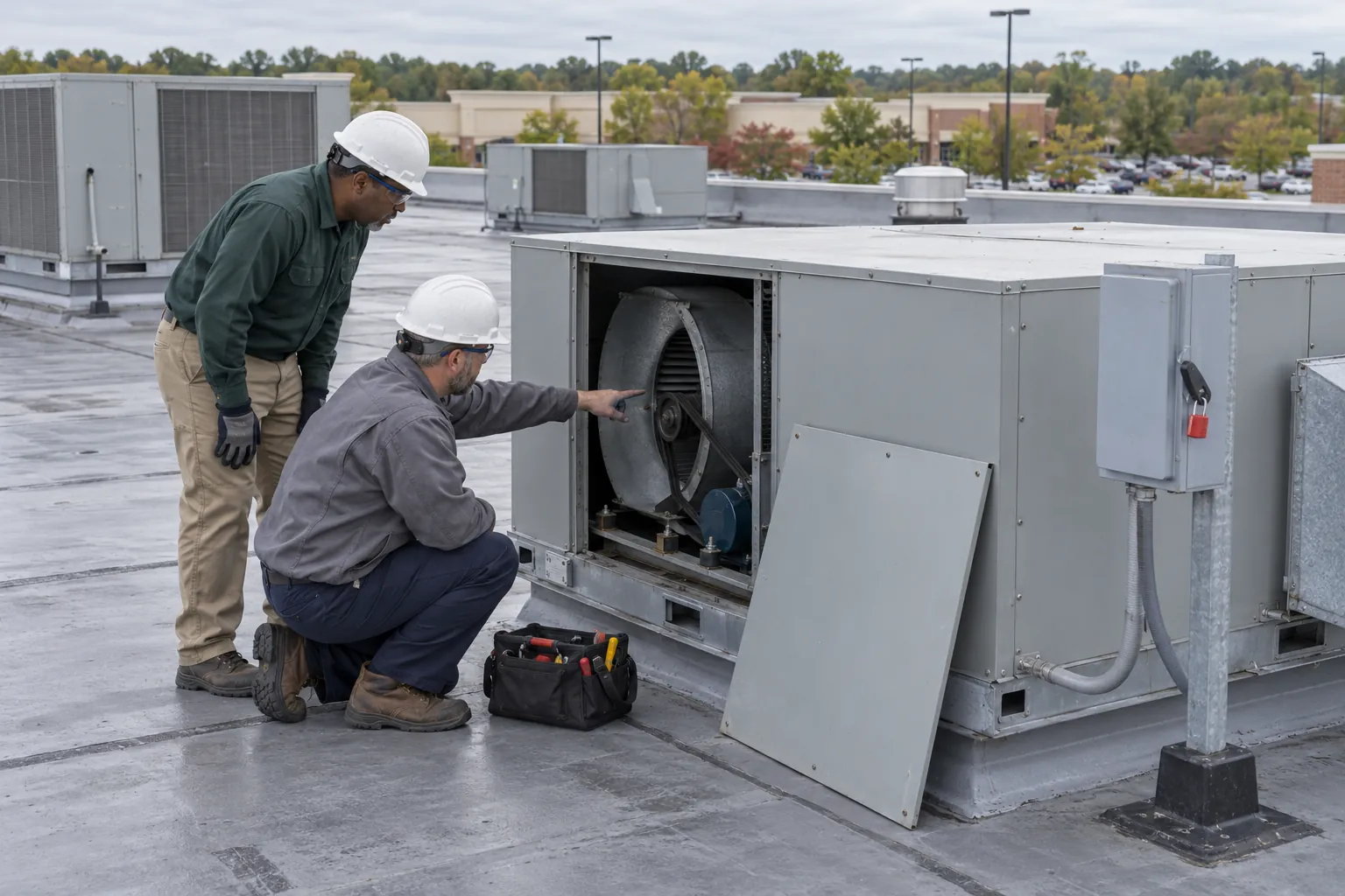 Two building engineers in hard hats examining the fan section of a rooftop HVAC unit on a shopping center roof.