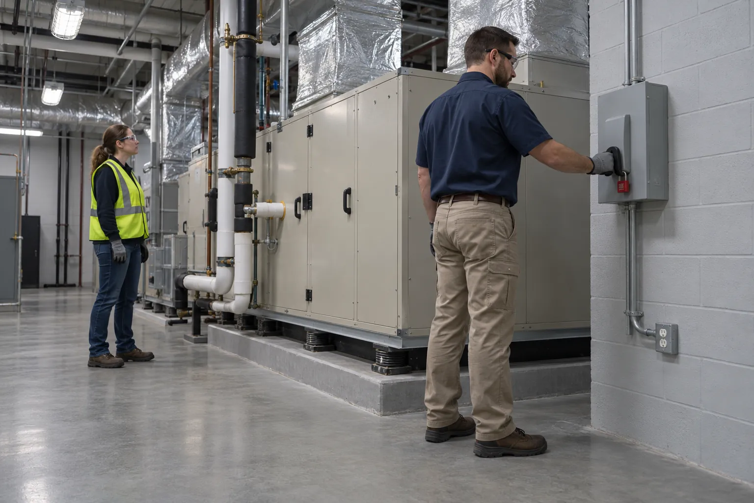 A maintenance technician with a red padlock on a gray disconnect switch beside an air handling unit while a colleague watches in a mechanical room.