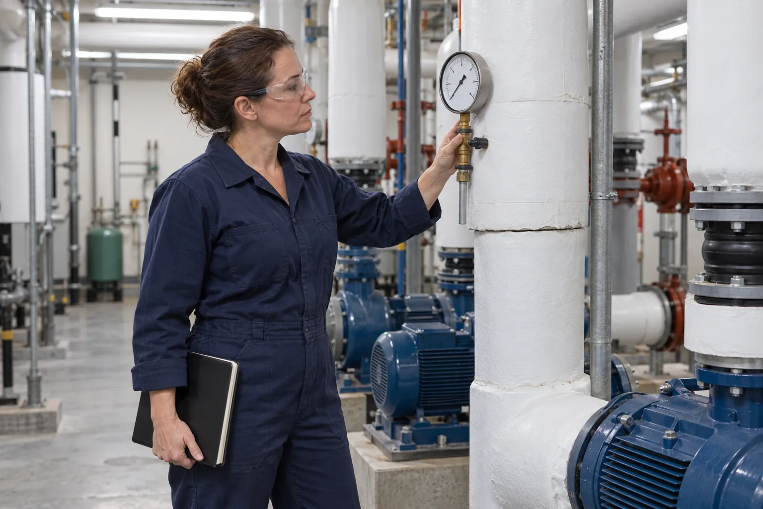 A building engineer in coveralls checking a pressure gauge on a pipe in a brightly lit mechanical room.