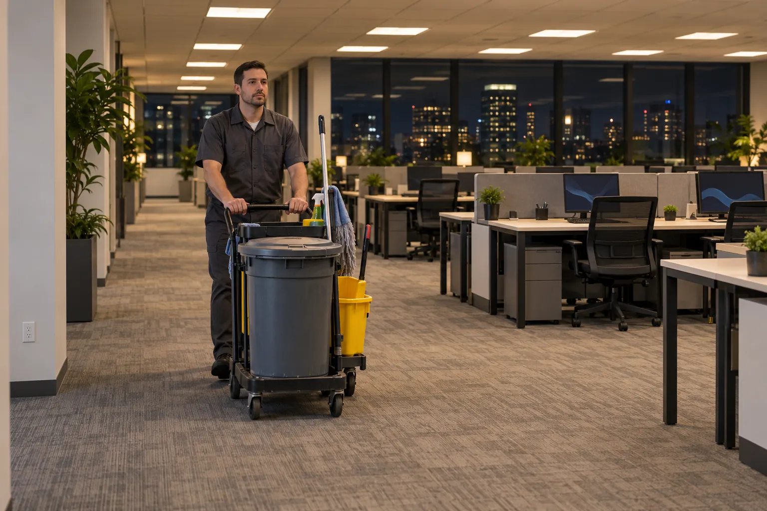 A custodian pushing a janitorial cart along an empty office floor in the evening, city lights in the windows behind.