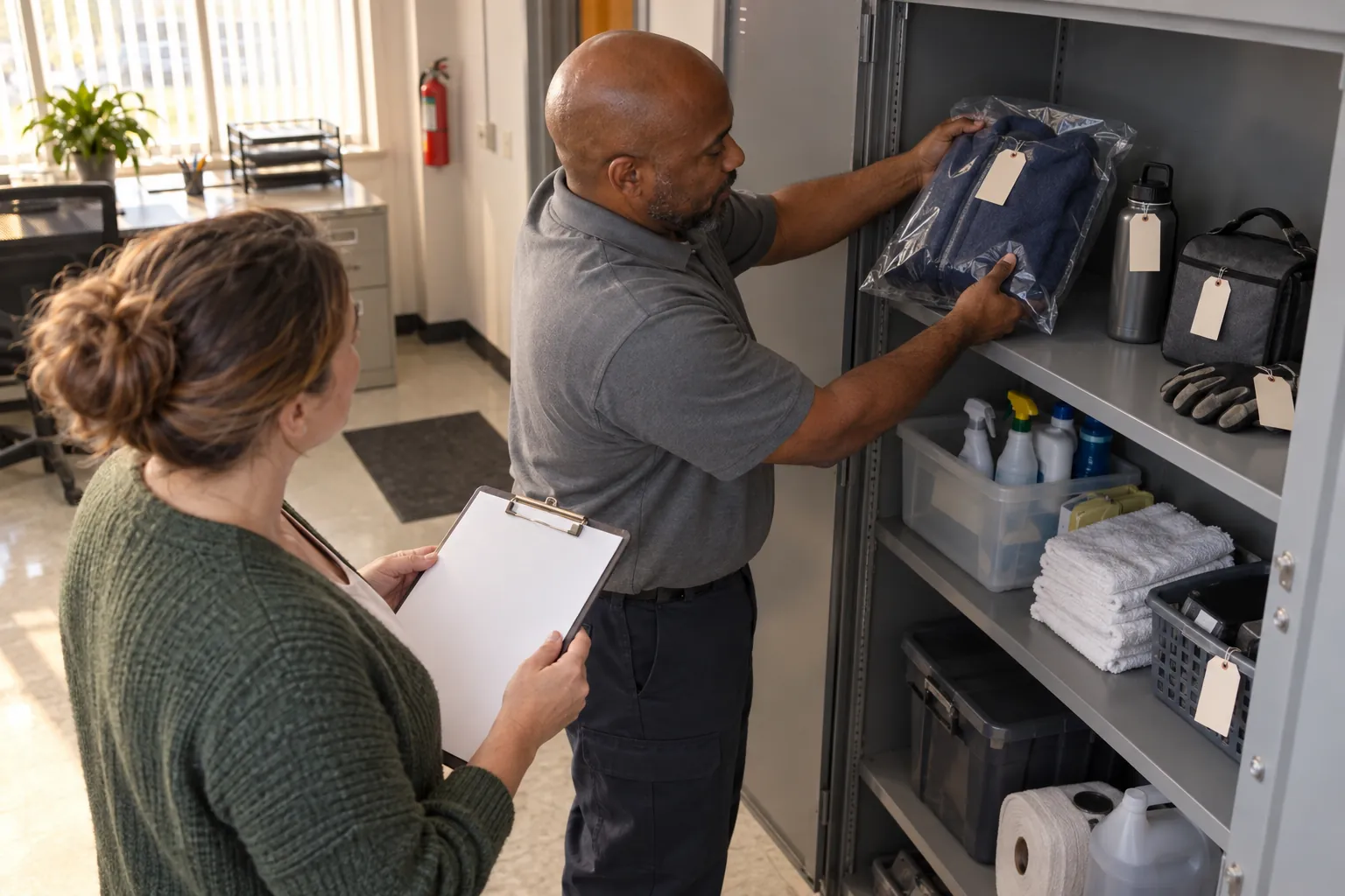 A custodian and a coordinator placing a bagged jacket on a shelf of tagged found items in a school office cabinet.