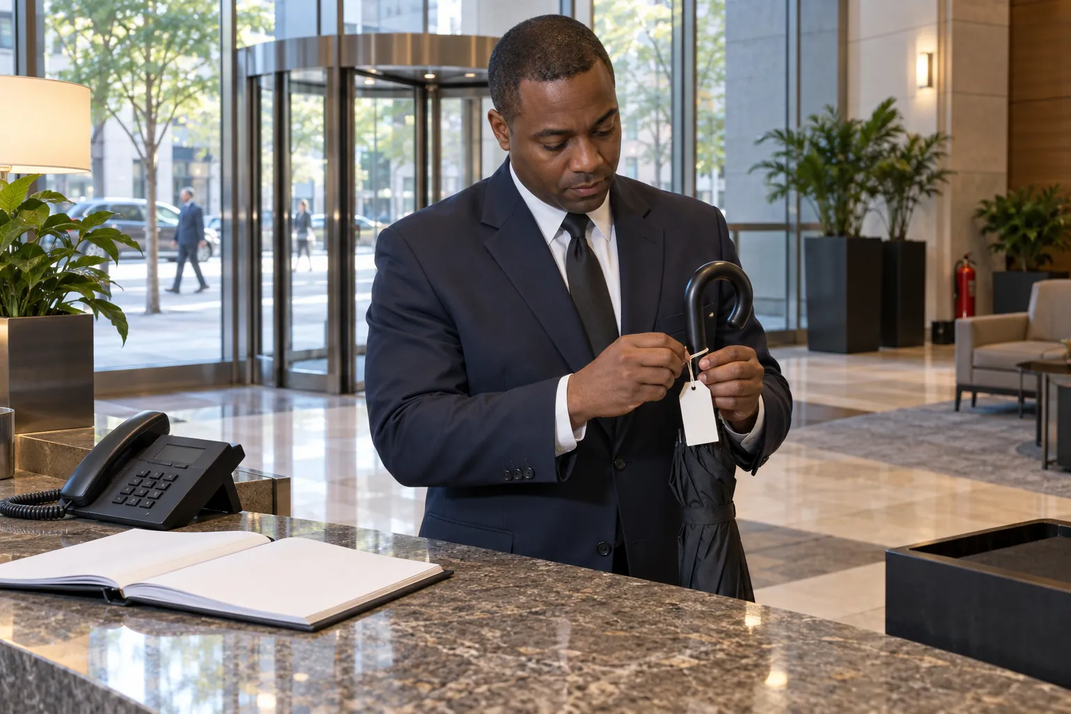 A security officer at an office lobby desk tagging a found umbrella beside an open log book.