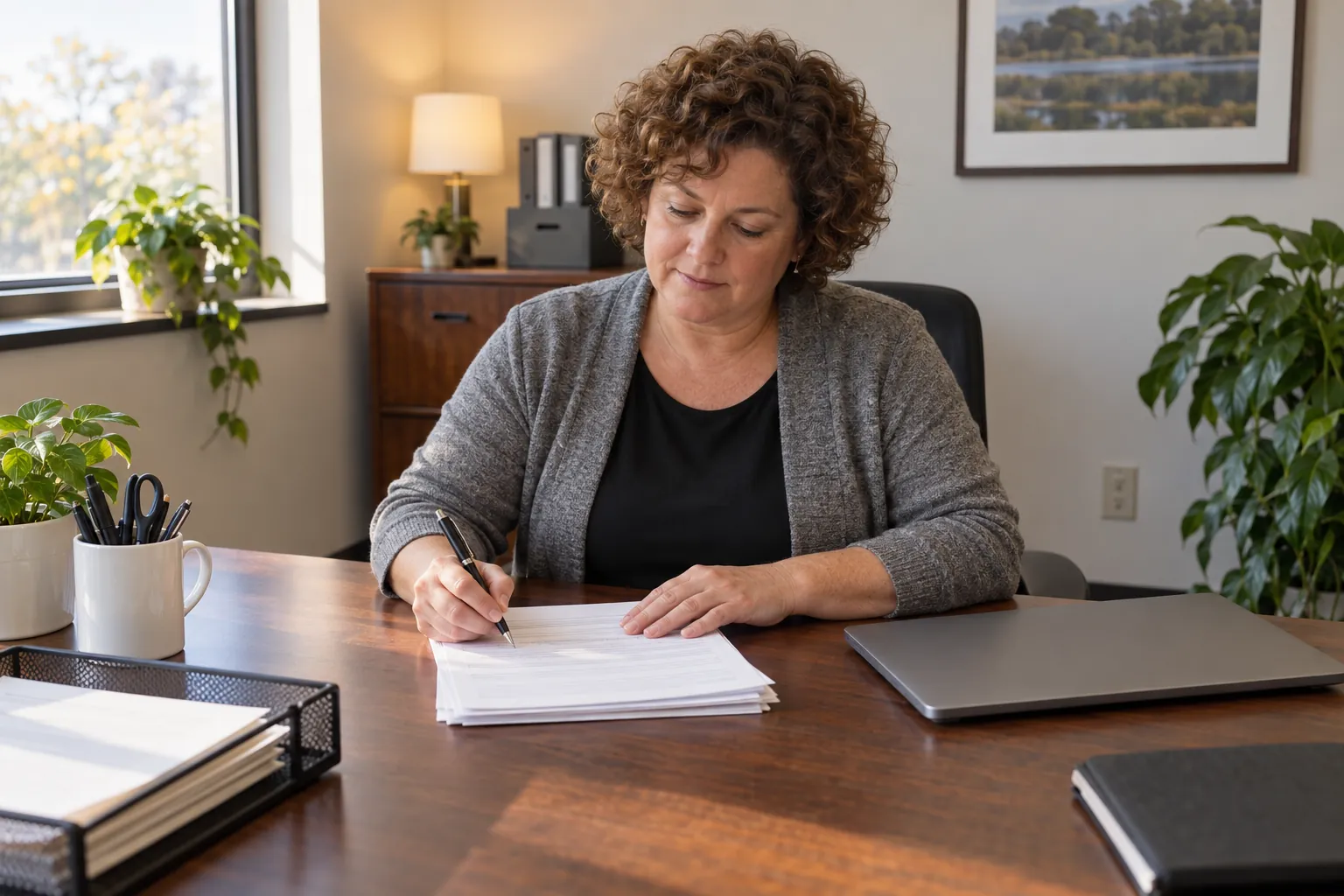 A maintenance administrator reviewing paper request records at a desk.