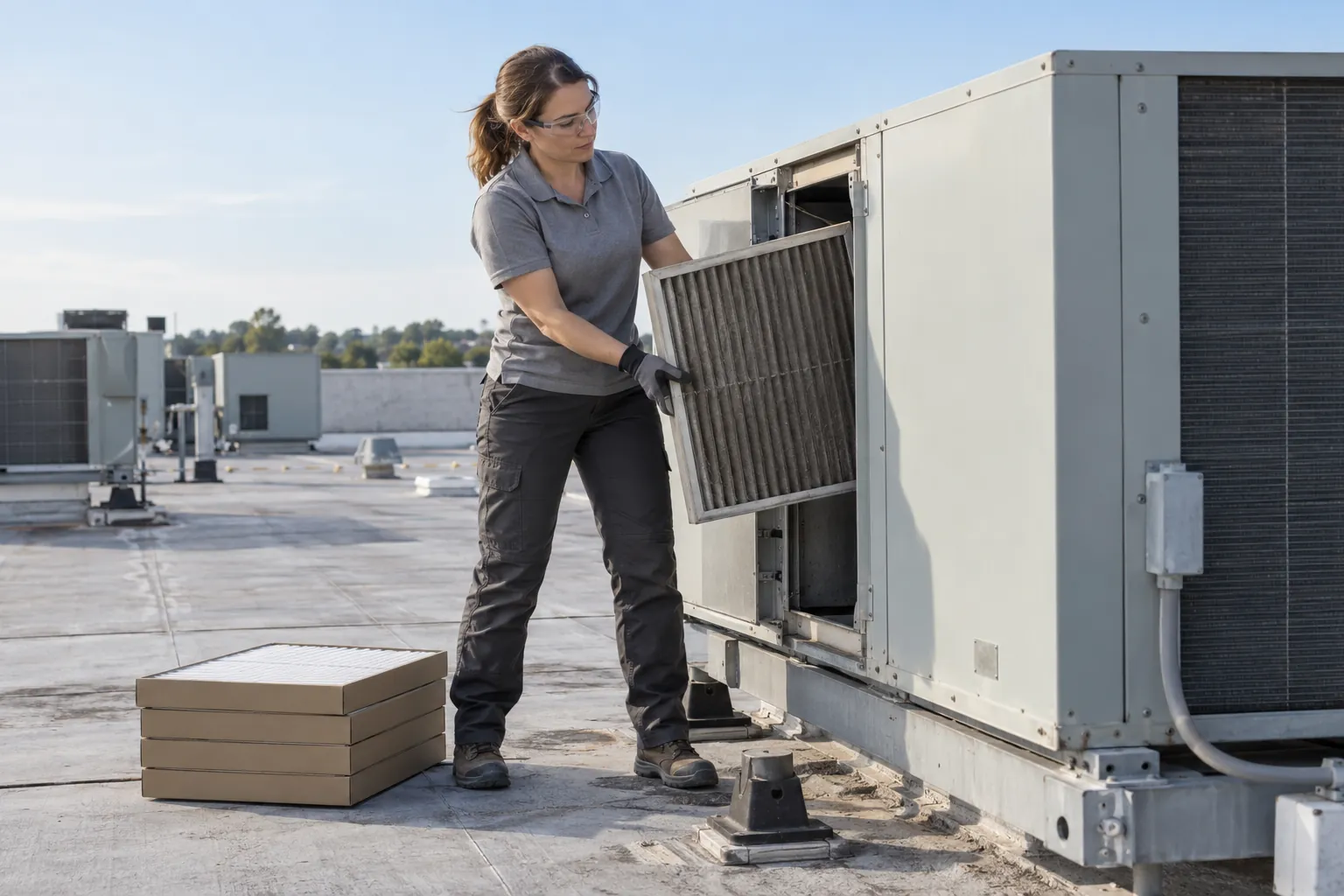 A maintenance technician lifting a used air filter out of a rooftop HVAC unit on a flat commercial roof.