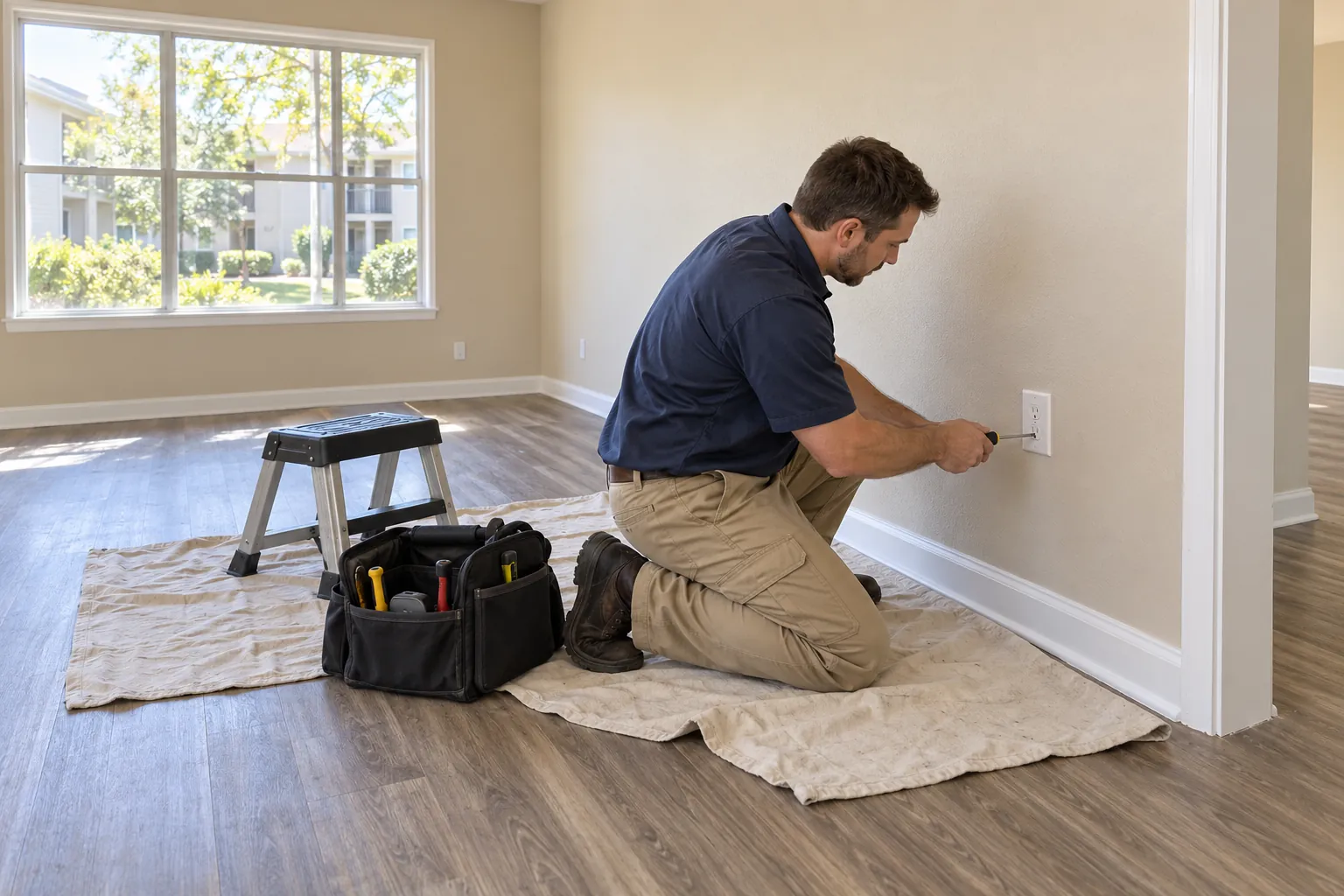 A maintenance technician kneeling on a drop cloth to fit an outlet cover plate in an empty, freshly painted apartment living room.