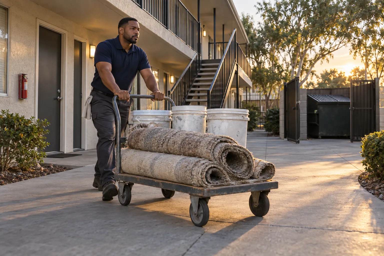 A porter pushing a cart of old carpet and paint buckets along an apartment breezeway toward a dumpster enclosure.