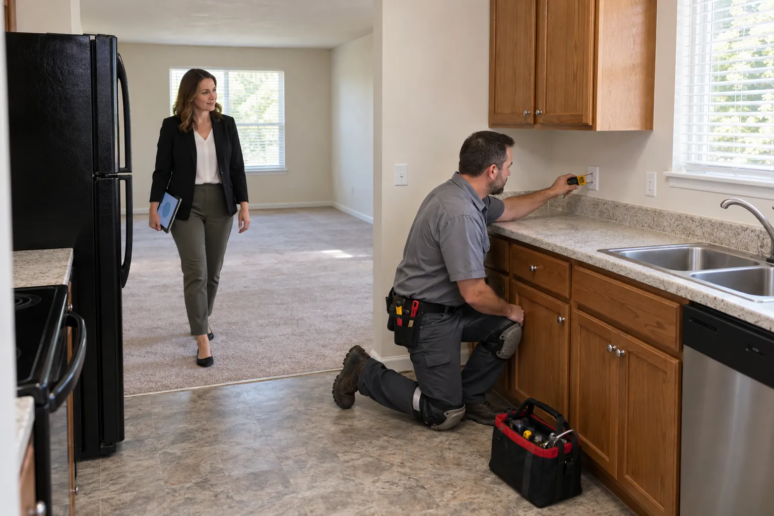 A maintenance technician testing a kitchen outlet in an empty, freshly painted apartment while a property manager walks in.